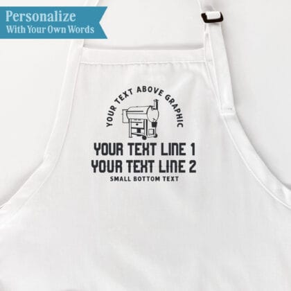 Pellet grill apron personalization guide showing text above the smoker graphic, two lines below it, and small bottom text.