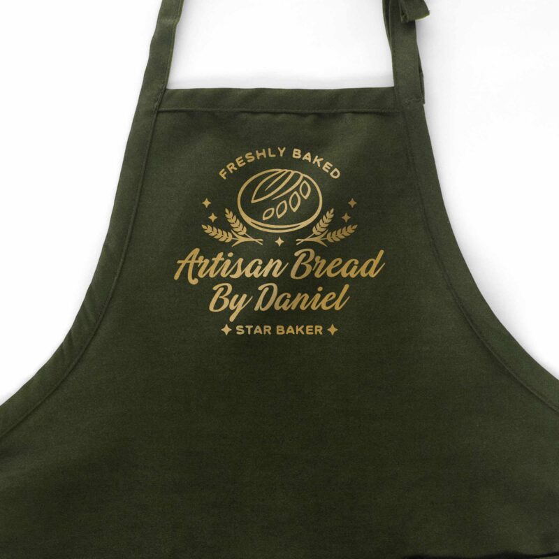 a personalized sourdough bread apron in green