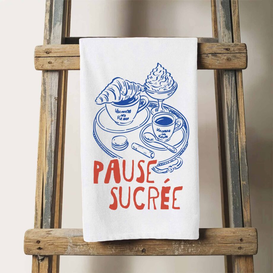 a Pause Sucrée tea towel in white