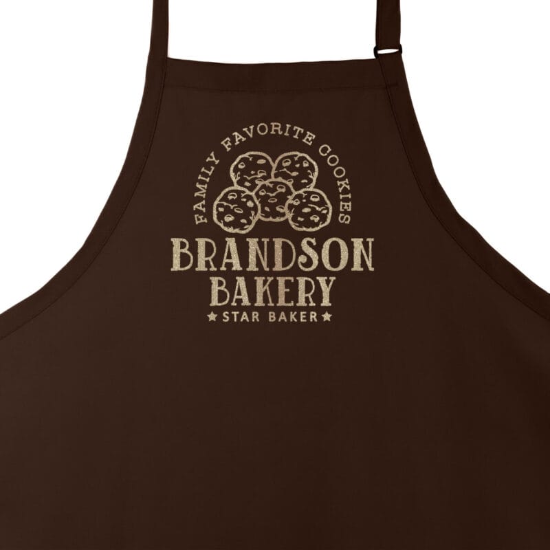 a personalized cookie baking apron in brown