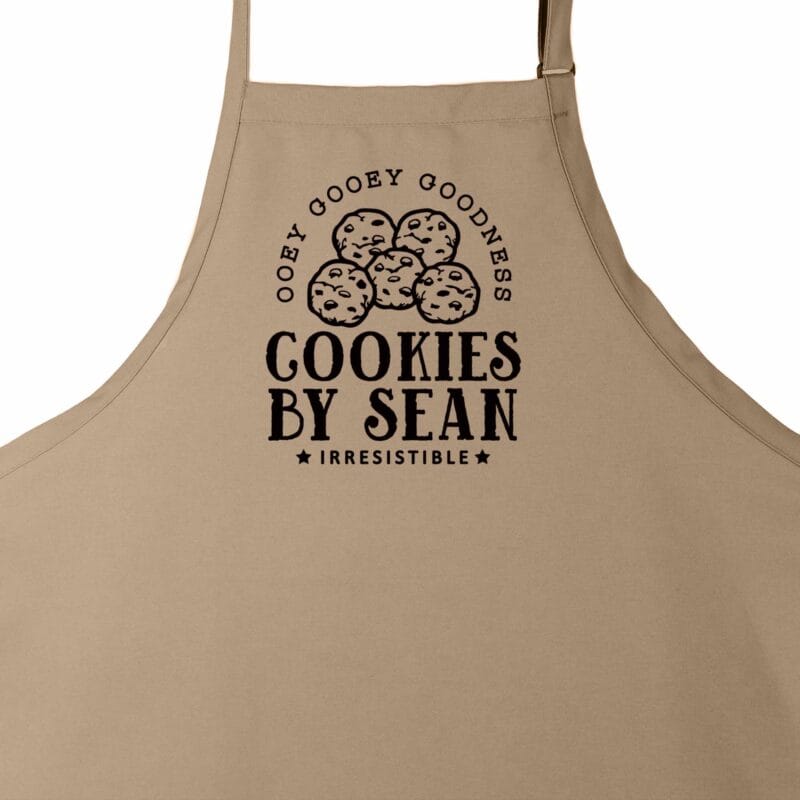 a personalized cookie baking apron in khaki
