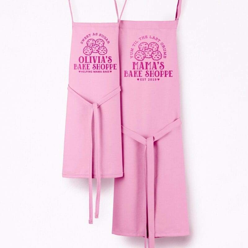 personalized adult and kid cookie baking aprons in pink