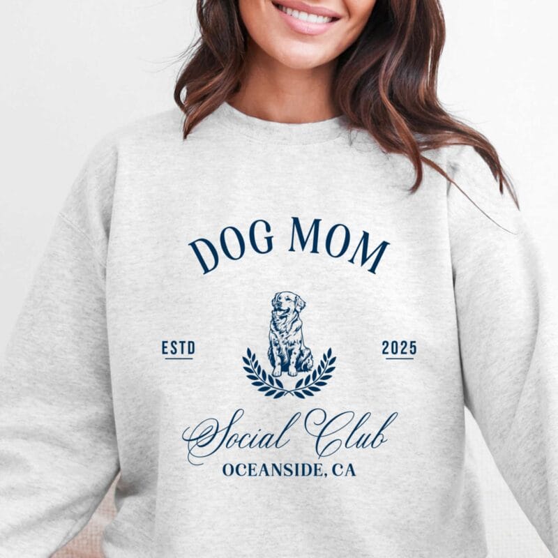 a personalize DOG MOM social club sweatshirt in ash