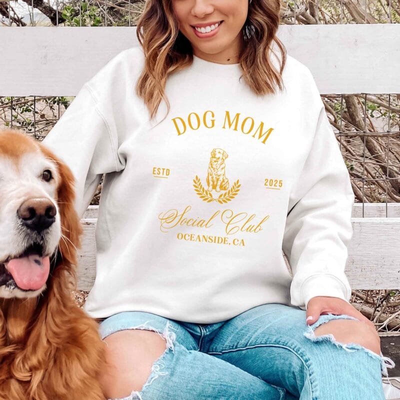 a personalize DOG MOM social club sweatshirt in white