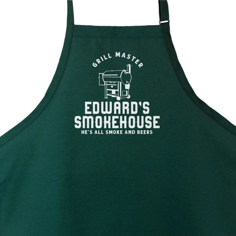 a personalized meat smoker apron in green