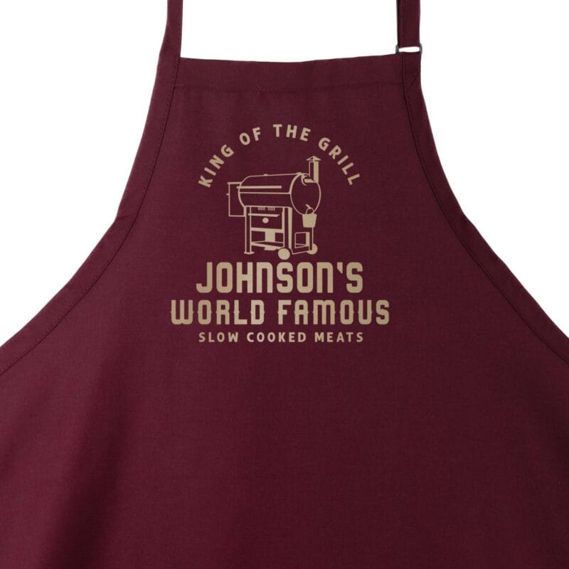 a personalized meat smoker apron in maroon