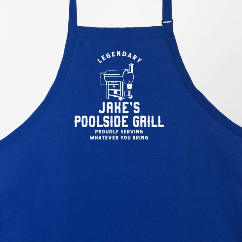 a personalized meat smoker apron in royal