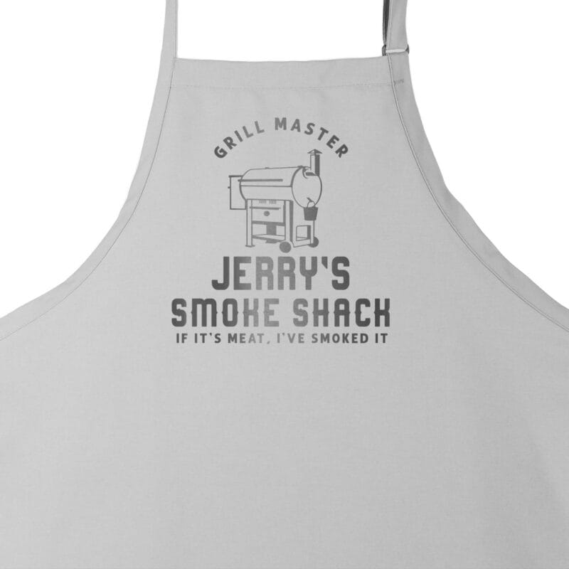 a personalized meat smoker apron in silver