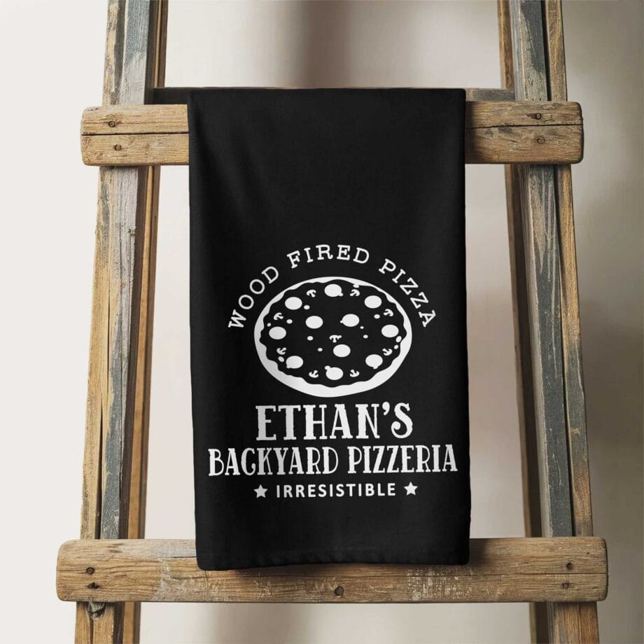 a Pizza Personalized Tea Towel in black