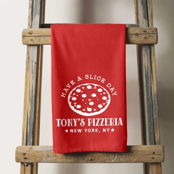 a Pizza Personalized Tea Towel in red