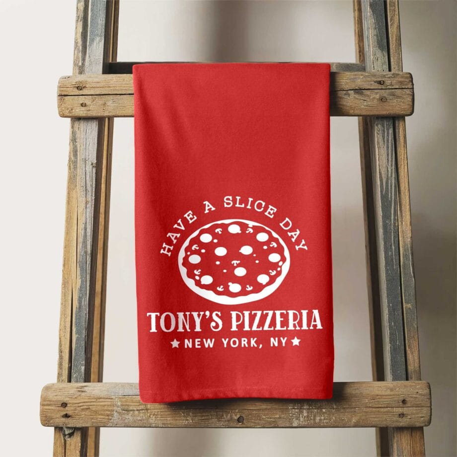 a Pizza Personalized Tea Towel in red
