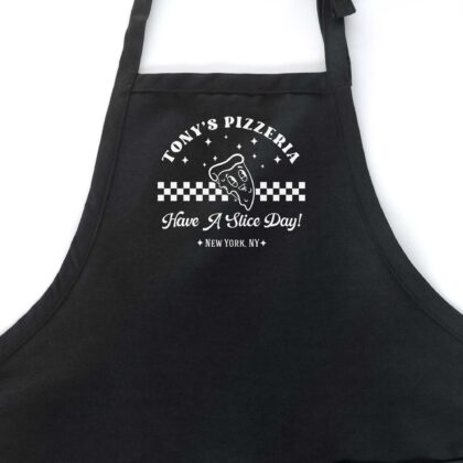 a personalized retro pizza apron in black