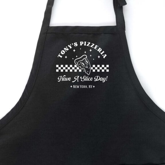 a personalized retro pizza apron in black