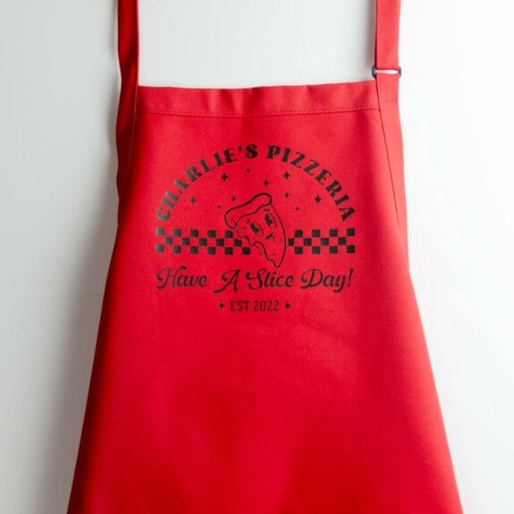 a Premium Personalized Retro Pizza Apron in red