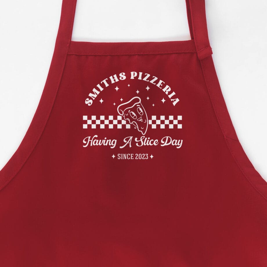 a personalized retro pizza apron in red