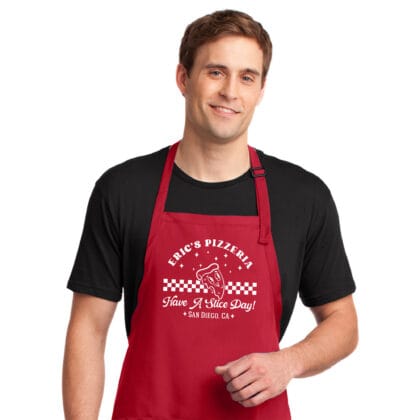 a man wearing a personalized retro pizza apron in red