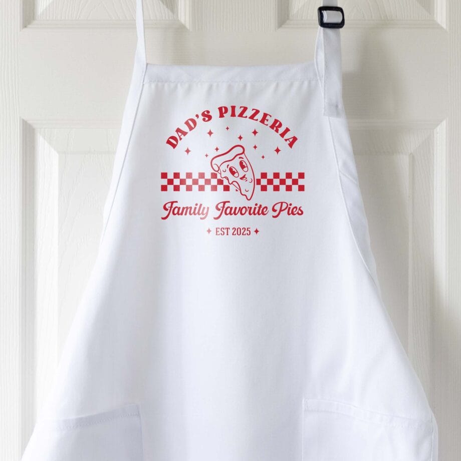 a personalized retro pizza apron in white