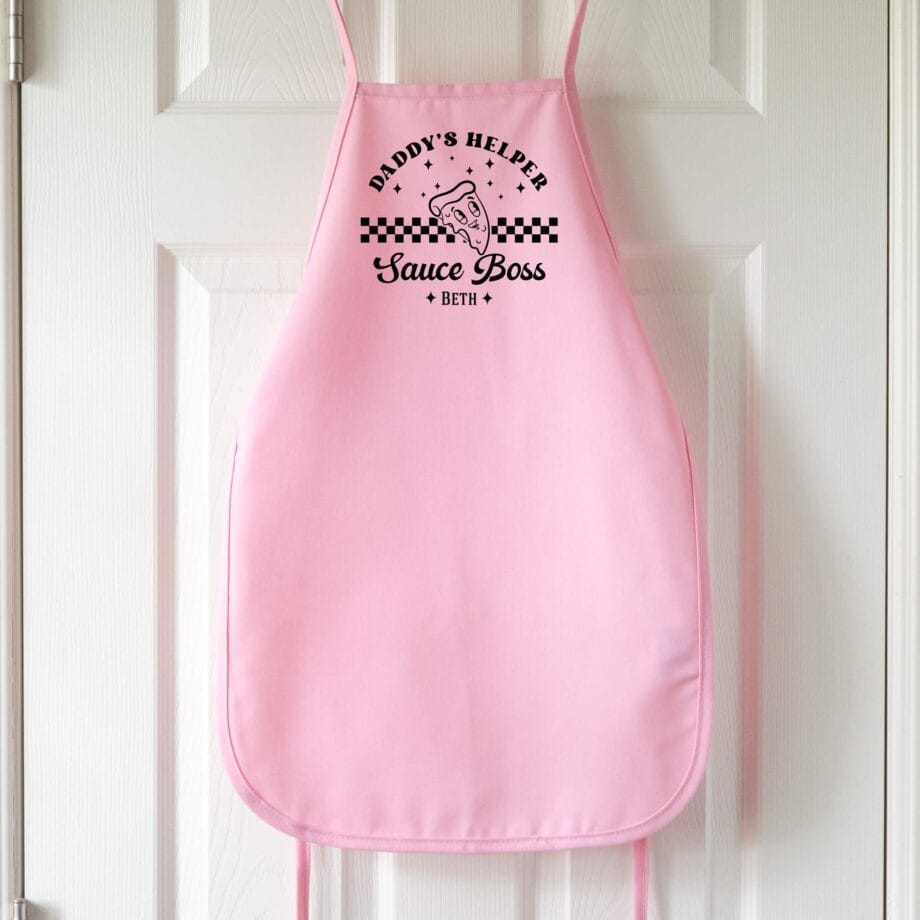 a kids Premium Personalized Retro Pizza Apron in pink