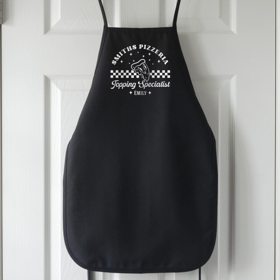 a kids Premium Personalized Retro Pizza Apron in black