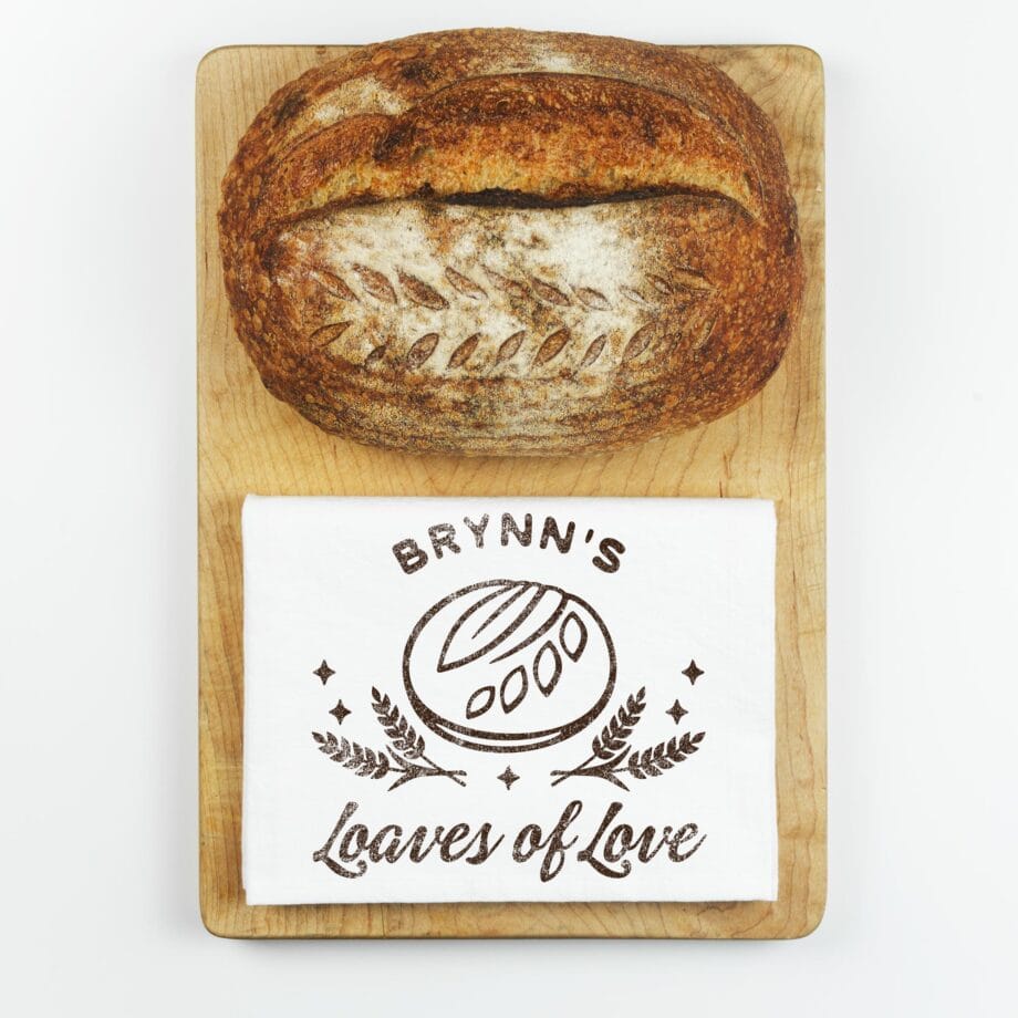 a personalized sourdough loaves tea towel in white
