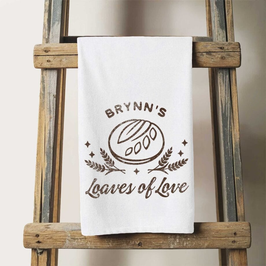 a personalized sourdough loaves tea towel in white