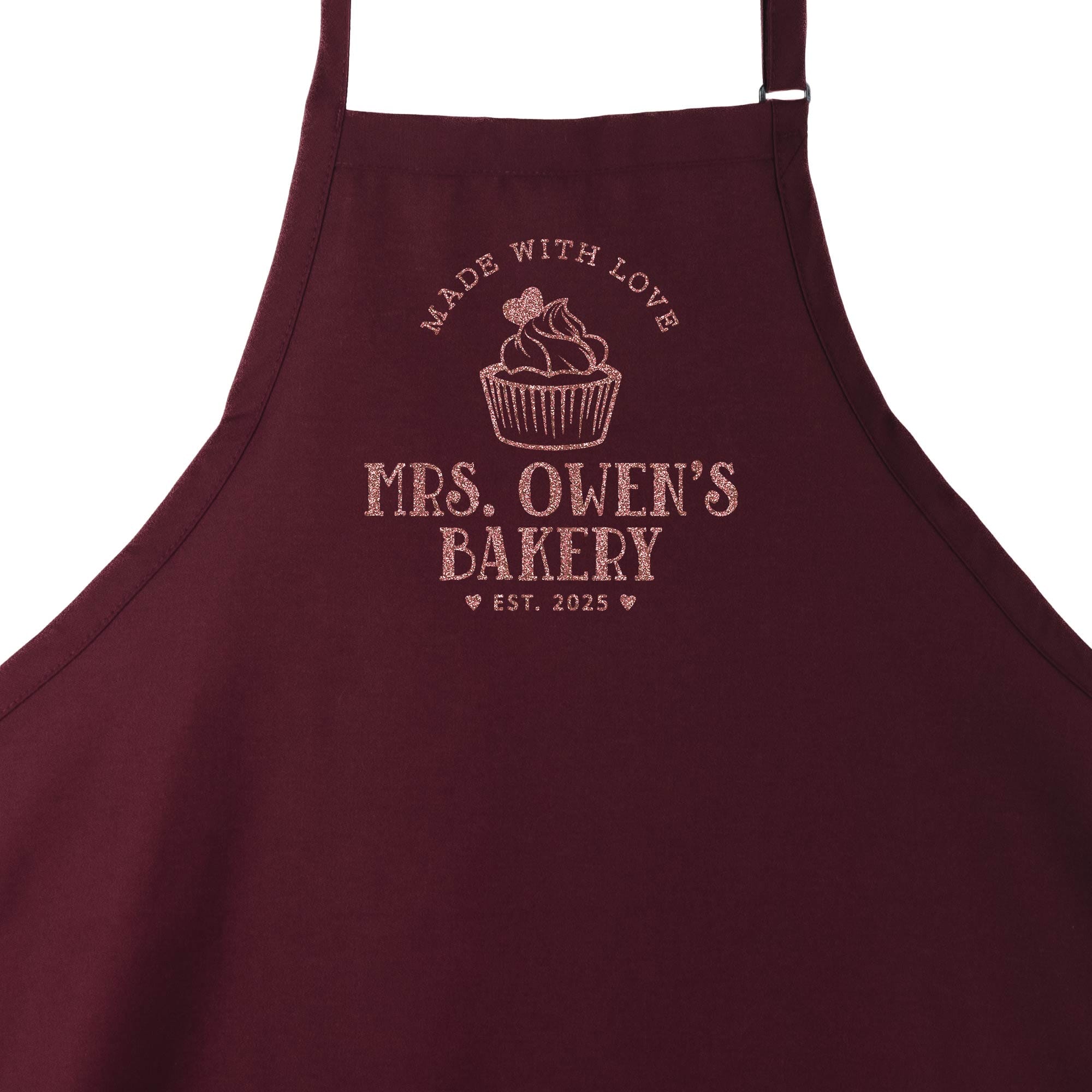 a Personalized-cupcake-baking-apron-in maroon
