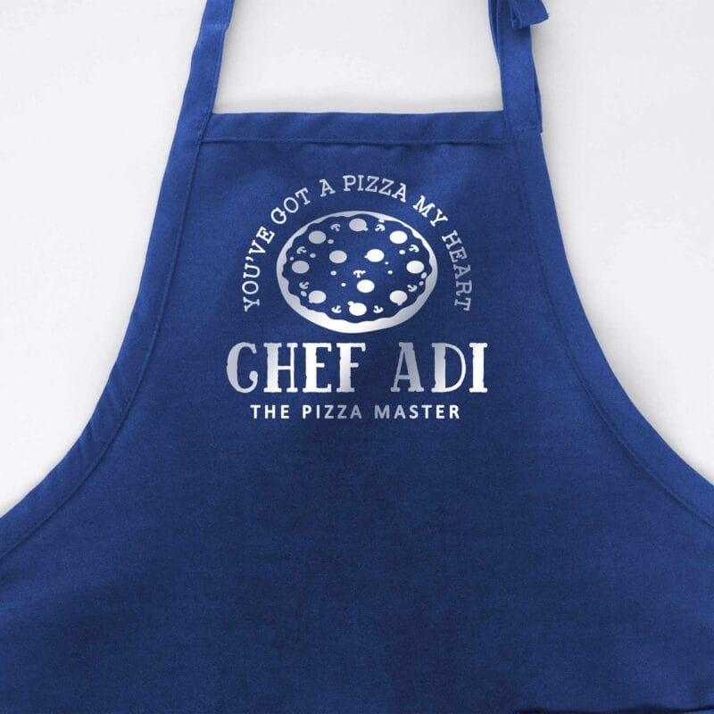 a personalized pizza apron in royal