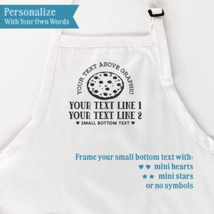 Pizza Apron 1 personalization guide showing custom wording above the pizza graphic, two text lines below it, and small bottom text with mini hearts, mini stars, or no symbols.