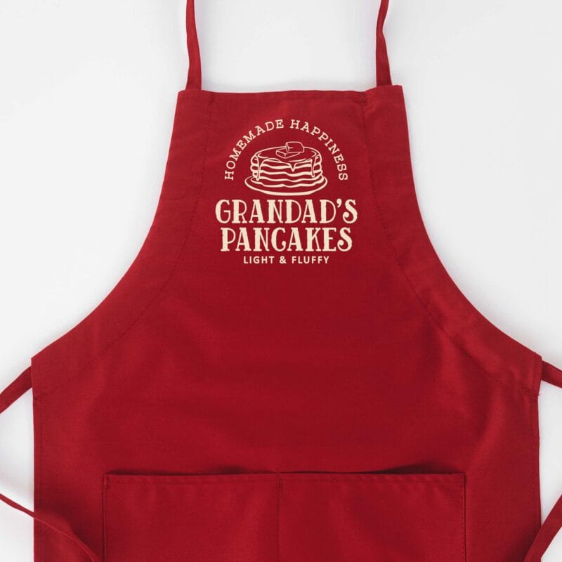 a Personalized Butcher Pancake Breakfast Apron in red