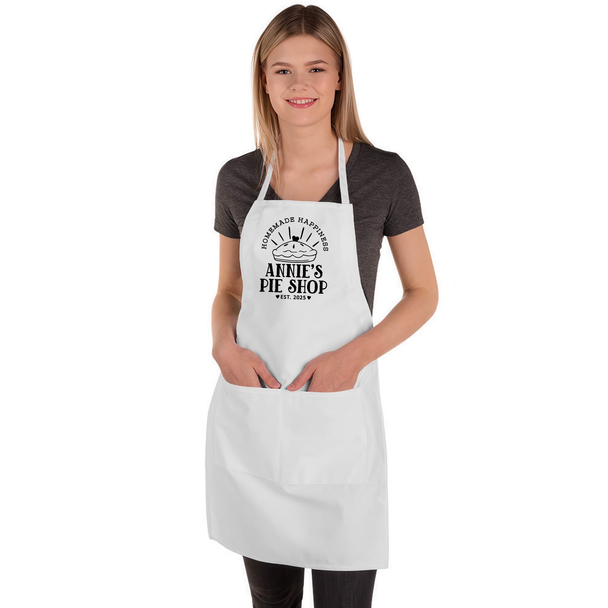 a woman wearing a Pie Making Butcher Apron in white
