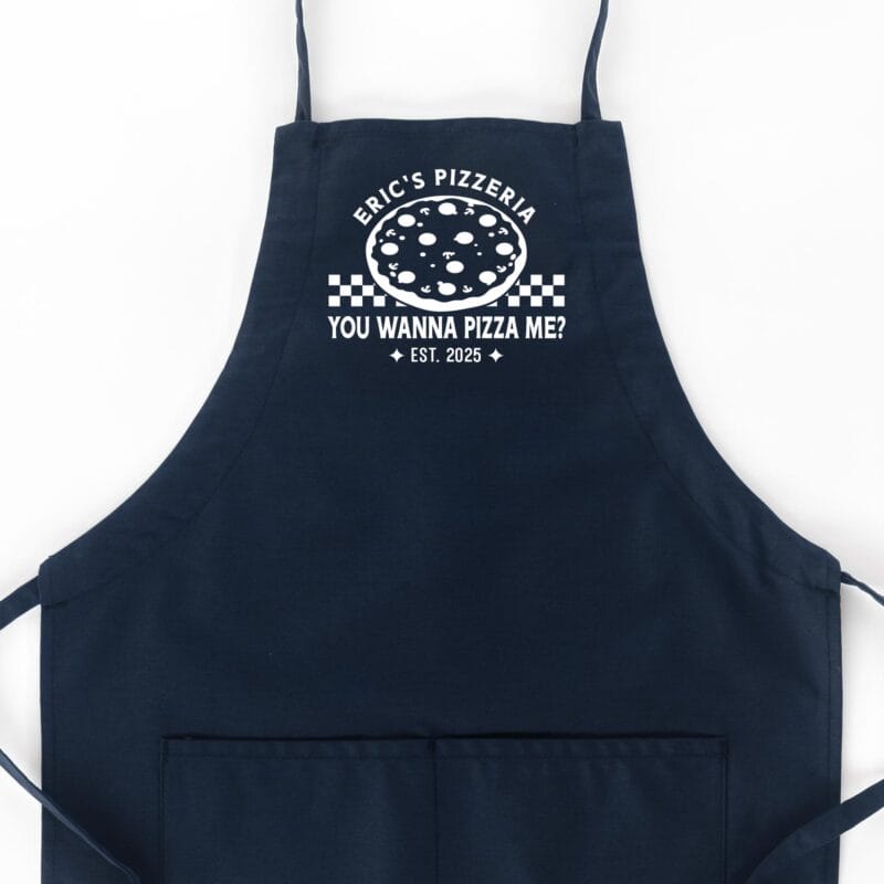 a Personalized Checkered Pizza Butcher Apron in navy
