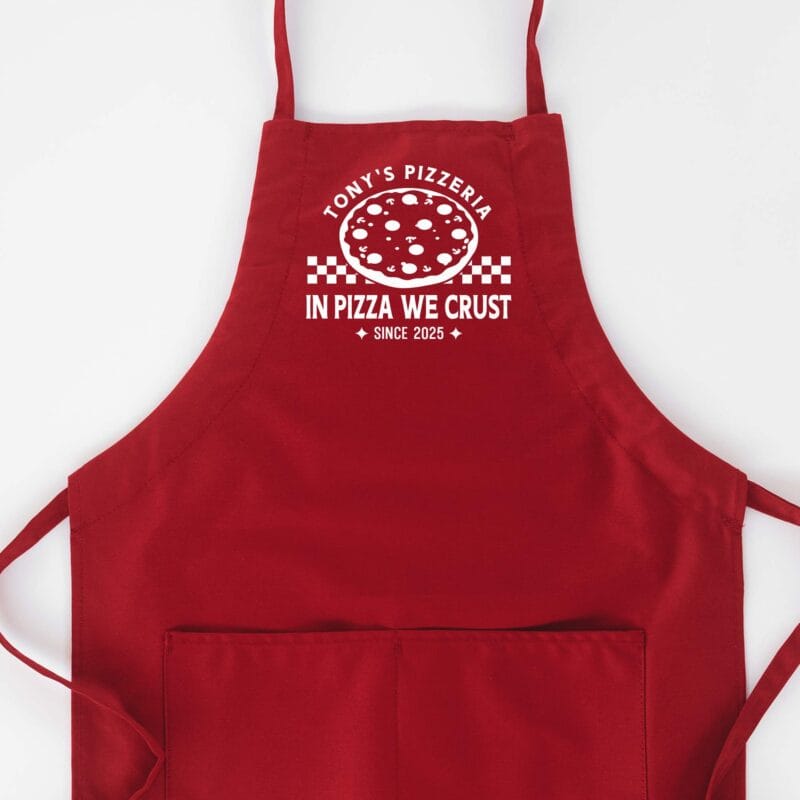 a Personalized Checkered Pizza Butcher Apron in red