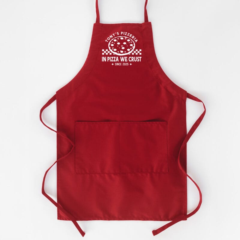 a Personalized Checkered Pizza Butcher Apron in red
