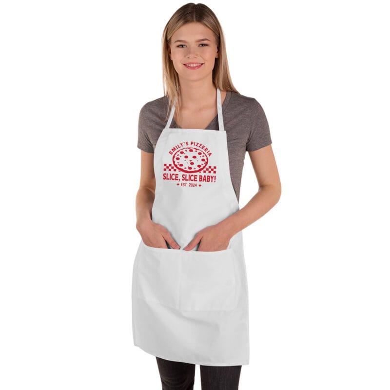 a woman wearing a Personalized Checkered Pizza Butcher Apron in white