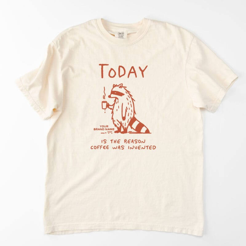 a personalized coffee raccoon tee in Ivory