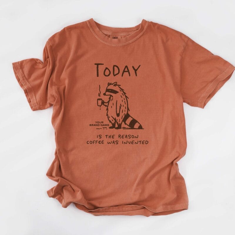 a personalized coffee raccoon tee in yam