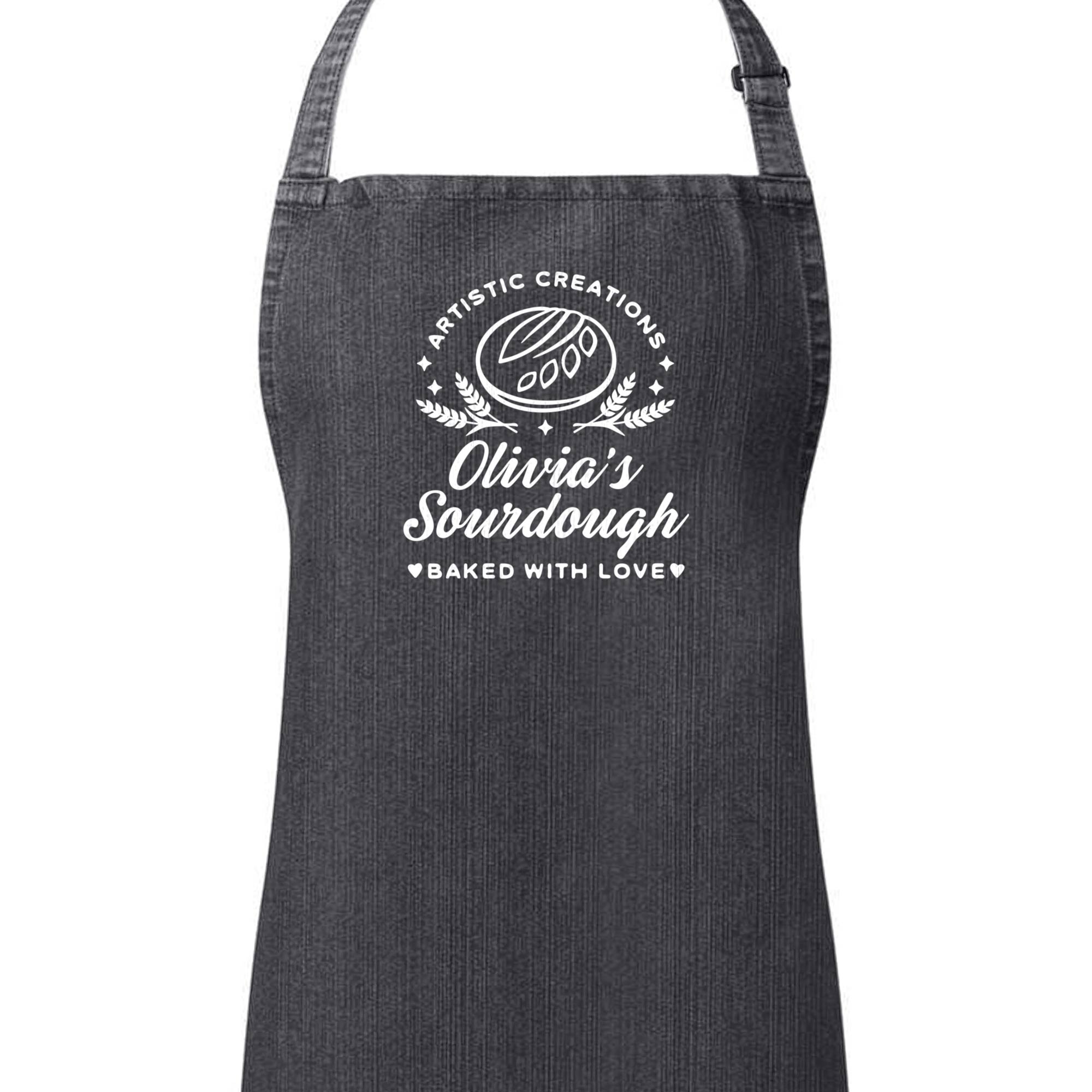 a personalized eco denim sourdough apron in black denim
