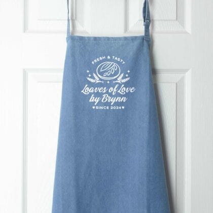 an eco denim personalized sourdough apron in denim blue