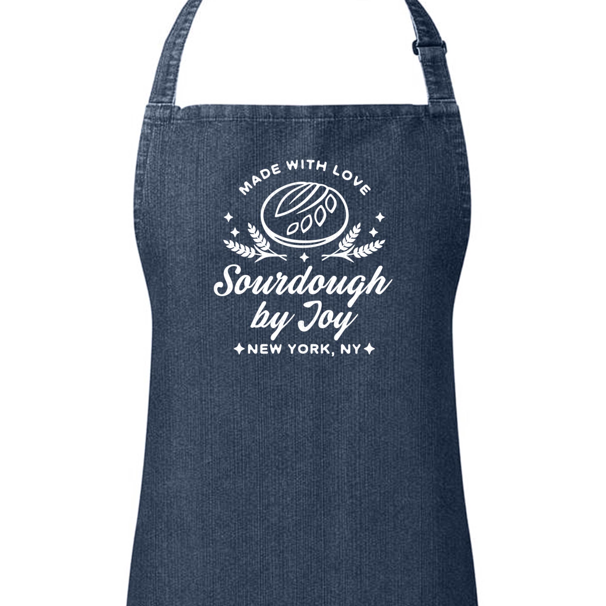 a personalized eco denim sourdough apron in indigo denim