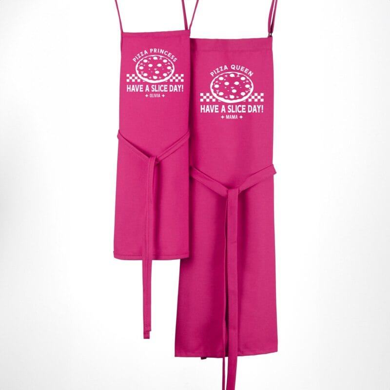 a set of matching Premium Personalized Checkered Pizza Aprons in hot pink