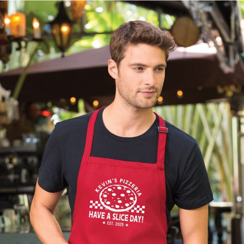 a man wearing a Personalized Checkered Pizza Apron in red