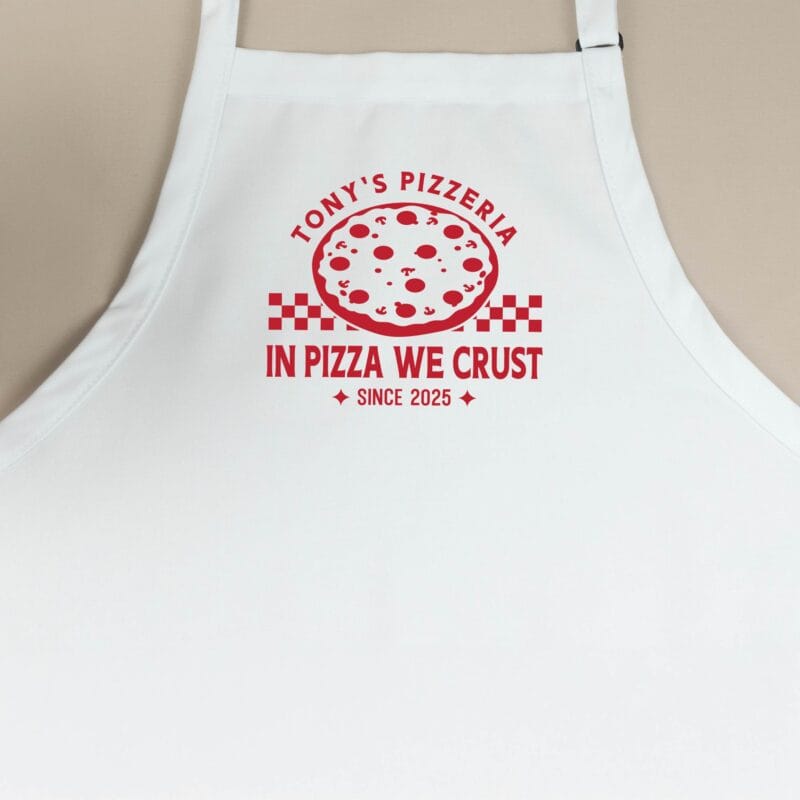 a Premium Personalized Checkered Pizza Apron in white