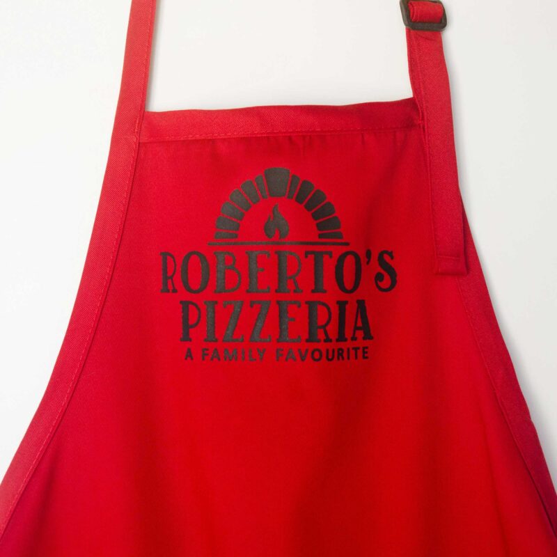 a Personalized Pizza Oven Apron in red