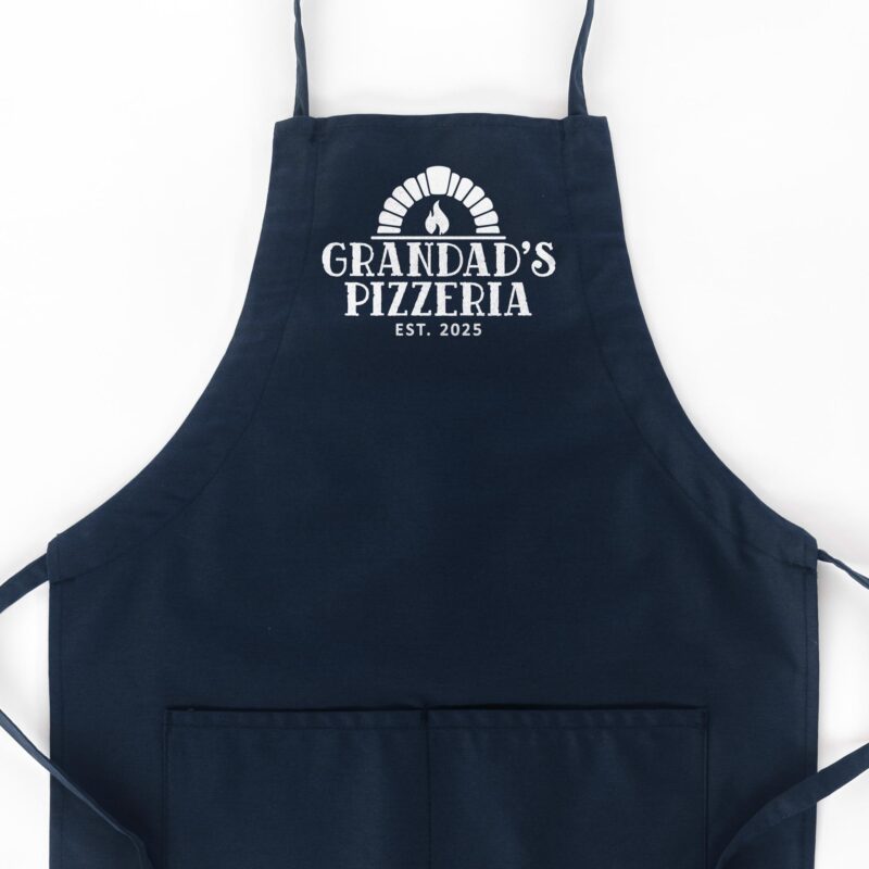 a Personalized Pizza Oven Butcher Apron in navy