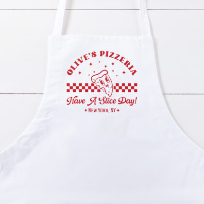 a Personalized Retro Pizza Butcher Apron in white