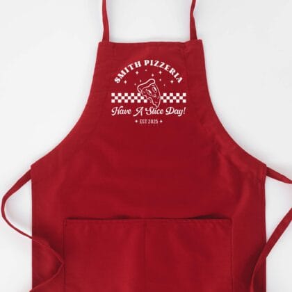 a Personalized Retro Pizza Butcher Apron in red