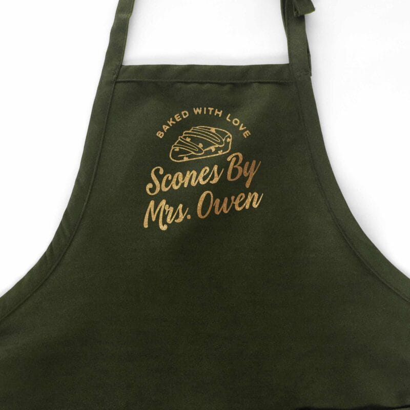 a personalize scone baking apron in green