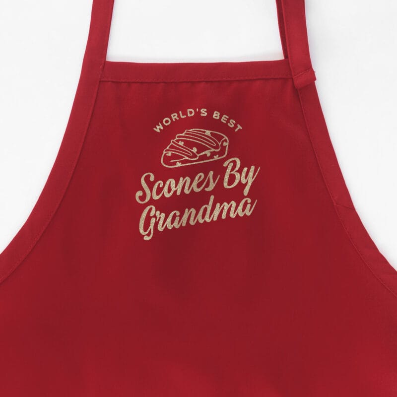 a personalize scone baking apron in red