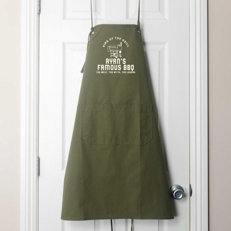 a convertible personalized smoker apron in olive