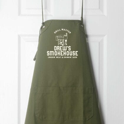 a convertible personalized smoker apron in olive